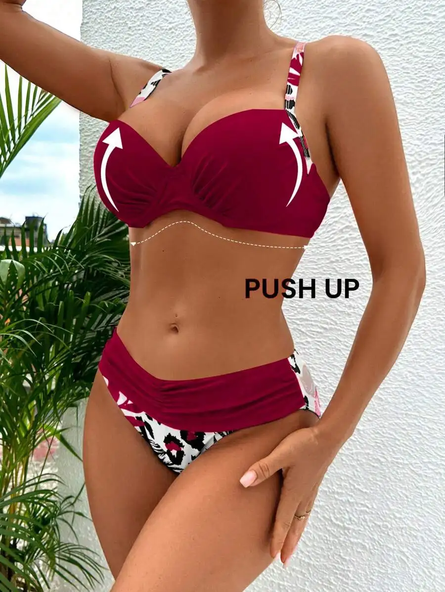 

Burgundy Ruched Push-Up Bikini With Contrast Animal Print Trim For Summer Beach Wear