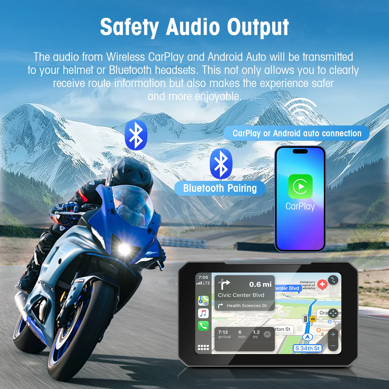 5 Inch IP67 Waterproof Motorcycle Touch Screen with Wireless CarPlay Android Auto Fast Boot for Motorcycle E-Bike ATV Navigation view 4
