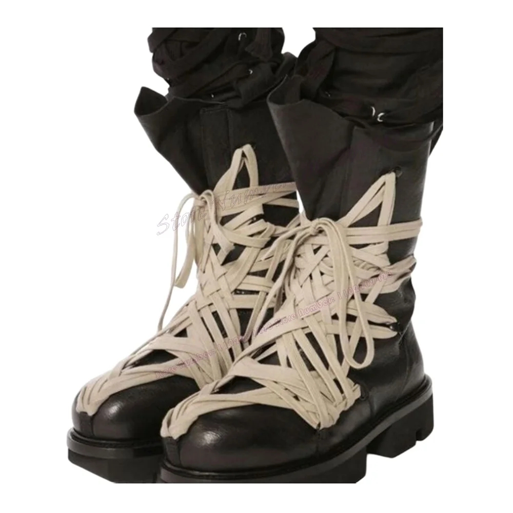 Botas de punta redonda atadas en cruz para hombre, zapatos de tacón grueso de cuero mate, cómodos de lujo para pasarela, nuevo estilo, talla grande