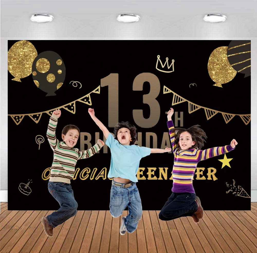 

Black Gold Happy 13th Birthday Backdrop Balloon 13 Years Old Party Decoration For Jewish Boy Bar Mitzvah Photography Background