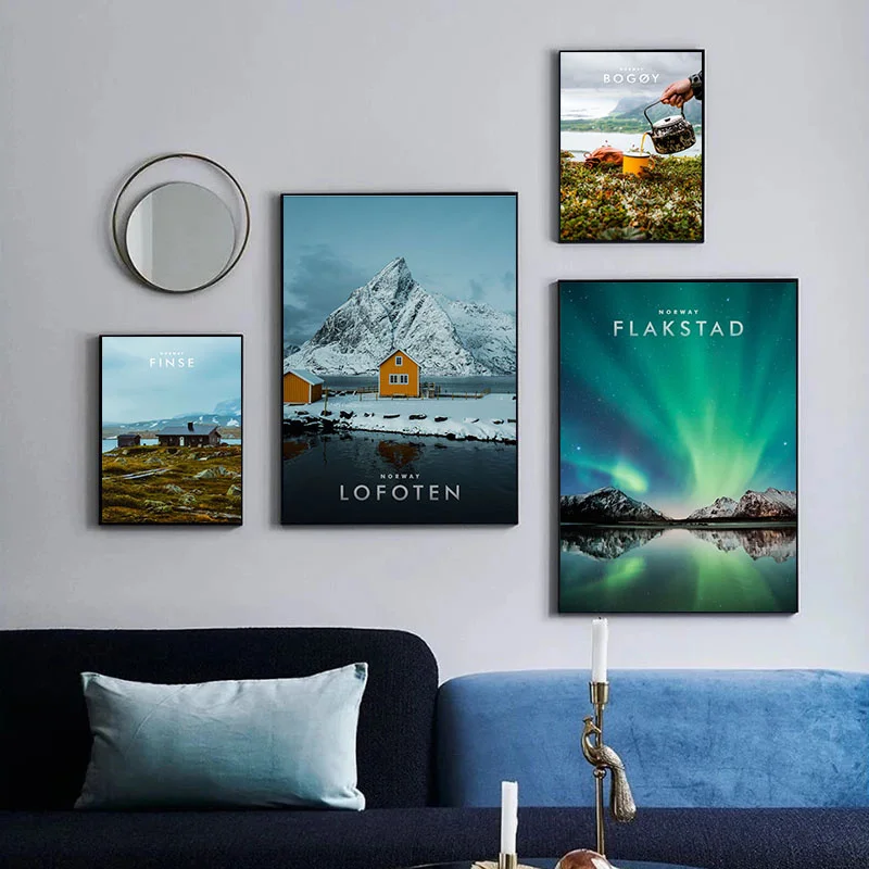 ภาพทิวทัศน์เมืองธรรมชาติอันงดงามจิตรกรรมฝาผนังนอร์เวย์แผ่นเกล็ดเกล็ดหิมะของเมืองเบอร์เก้นภาพพิมพ์ผ้าใบสำหรับตกแต่งบ้าน