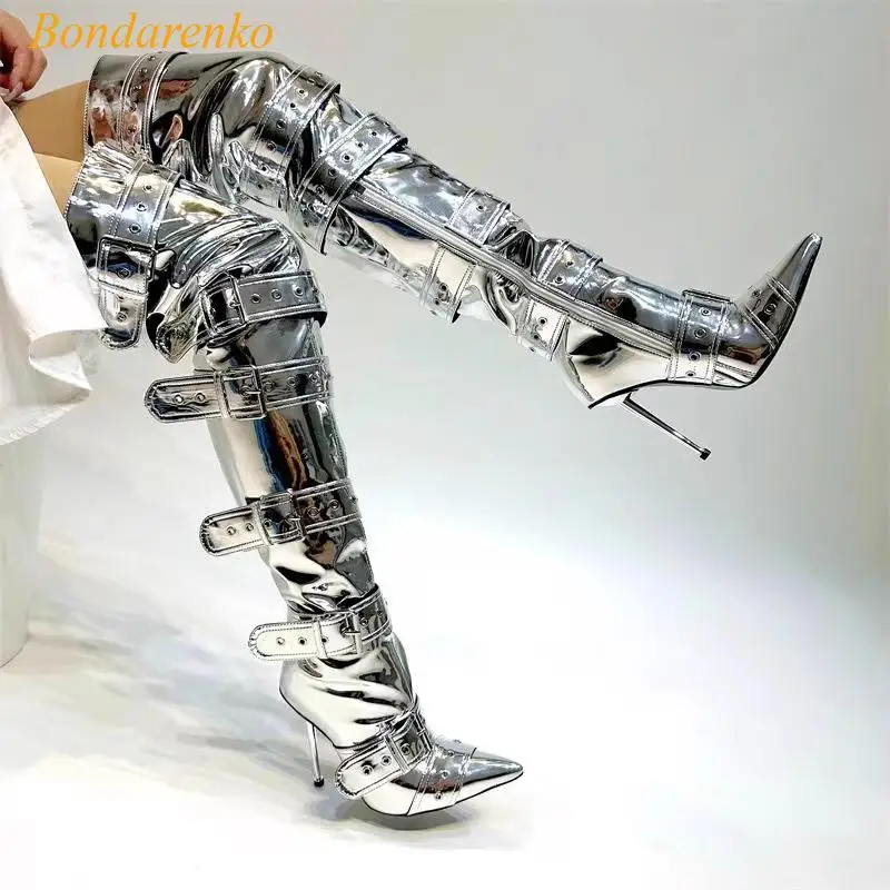 Metal Stiletto Heels Boots Buckles Straps Solid Thigh High Boots Pointed Toe Side Zipper Fitted New Style Winter Party Lady Shoe