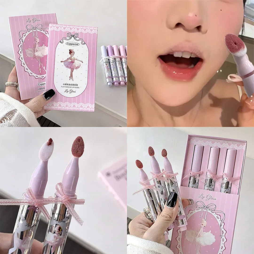 Ballet Girls Mirror Crystal Lip Gloss Makeup Set Water Glass Lip Glaze Waterproof Film Forming Sponge Head Jelly Lip Tint Kit