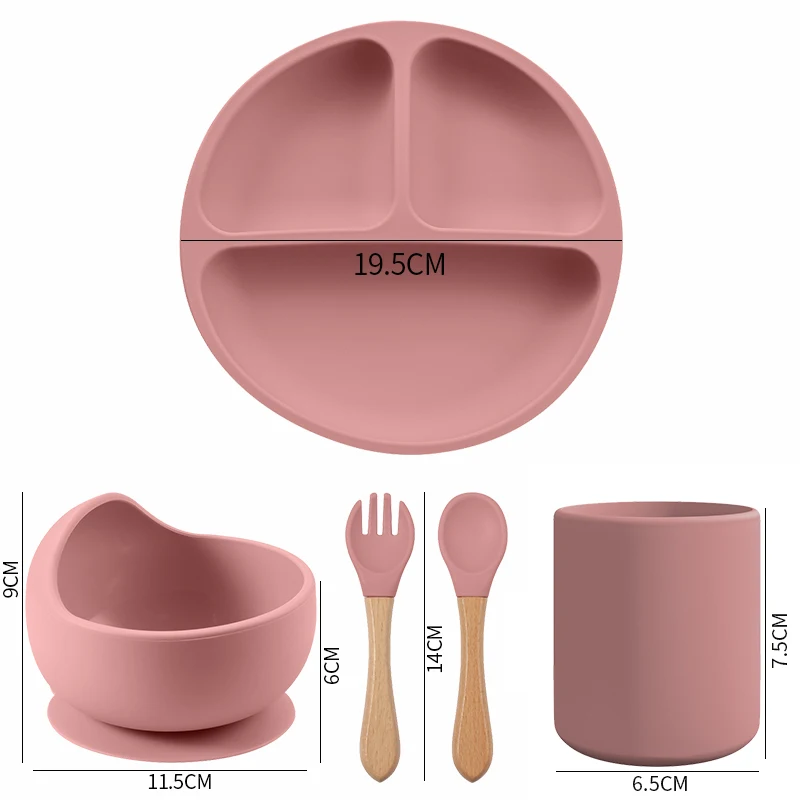 BPA Free Baby Silicone Tableware Set with Divided Baby Plates Feeding Bowls Straw Cup and Spoon for Toddler Training