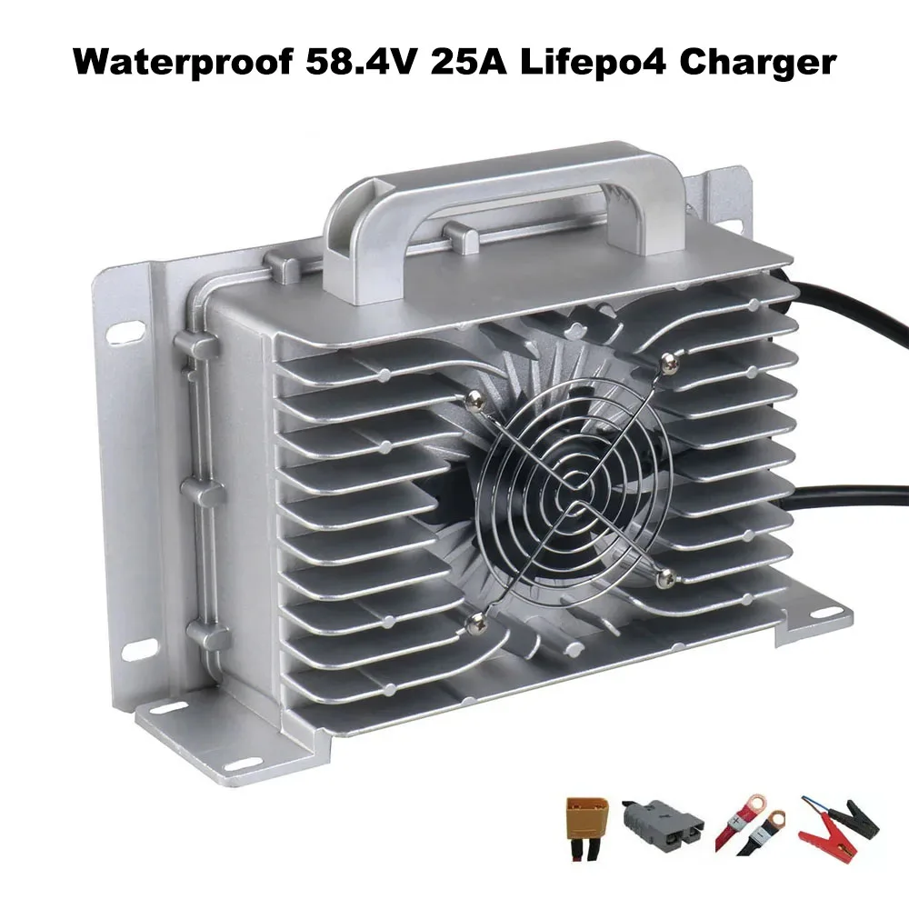 

Waterproof 1500W 48V 25A LiFePO4 Fast Charger 16S 58.4V Iron Phosphate LFP Golf Cart RV Forklift Yacht Smart Charger