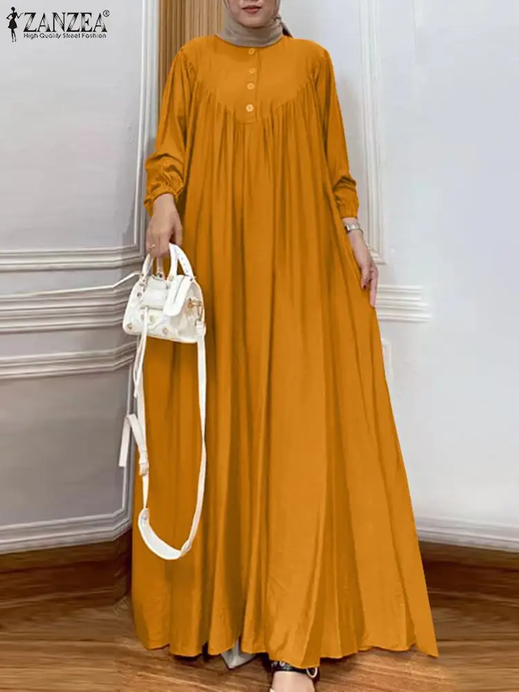 ZANZEA Women Dubai Turkey Abaya Maxi Long Dress Spring Hijab Muslim Sundress Robe Femme Fashion Long Sleeve Islamic Clothing