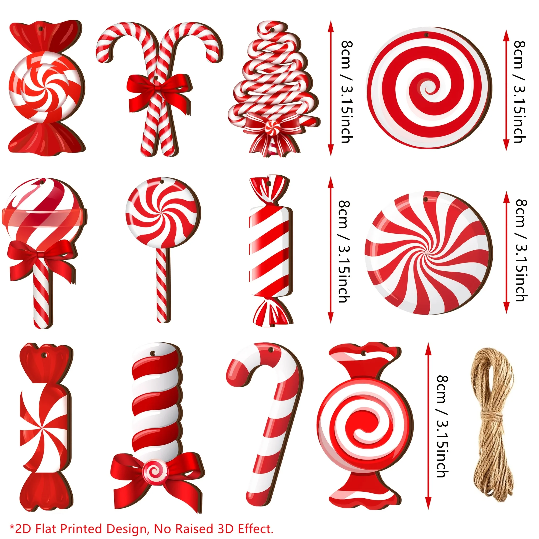 24/36 Stück Pfefferminz-Zuckerstangen-Ornamente aus Holz mit Juteseil - Rot-Weißer Muster, geeignet für Weihnachtsbaumdekorationen, Feiertage – Detail 4