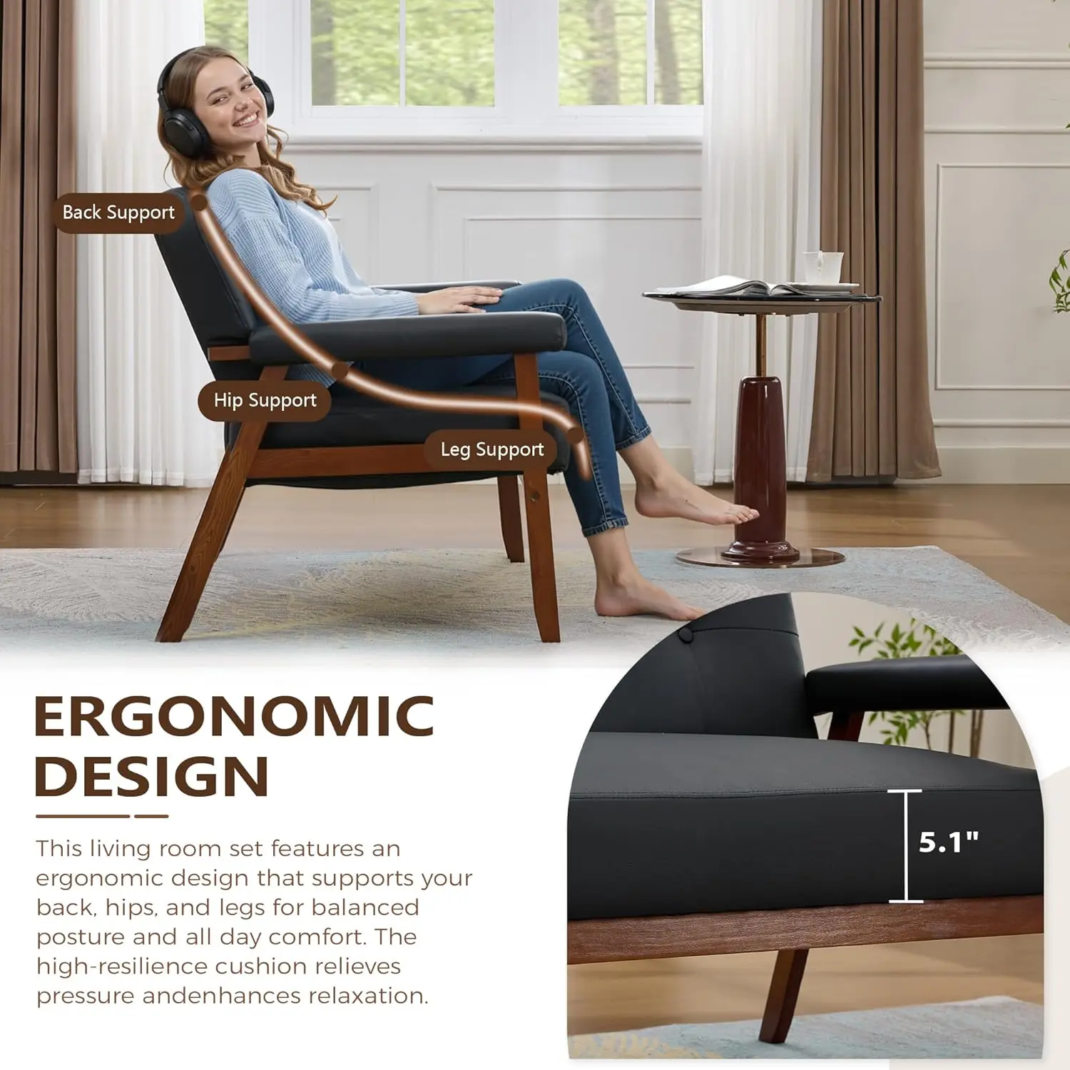 أريكة جلدية بمقعد الحب، أريكة بمقعدين صغير حديث لمنتصف القرن مع أذرع خشبية، أريكة بمقعدين للمساحات الصغيرة، Livi #6