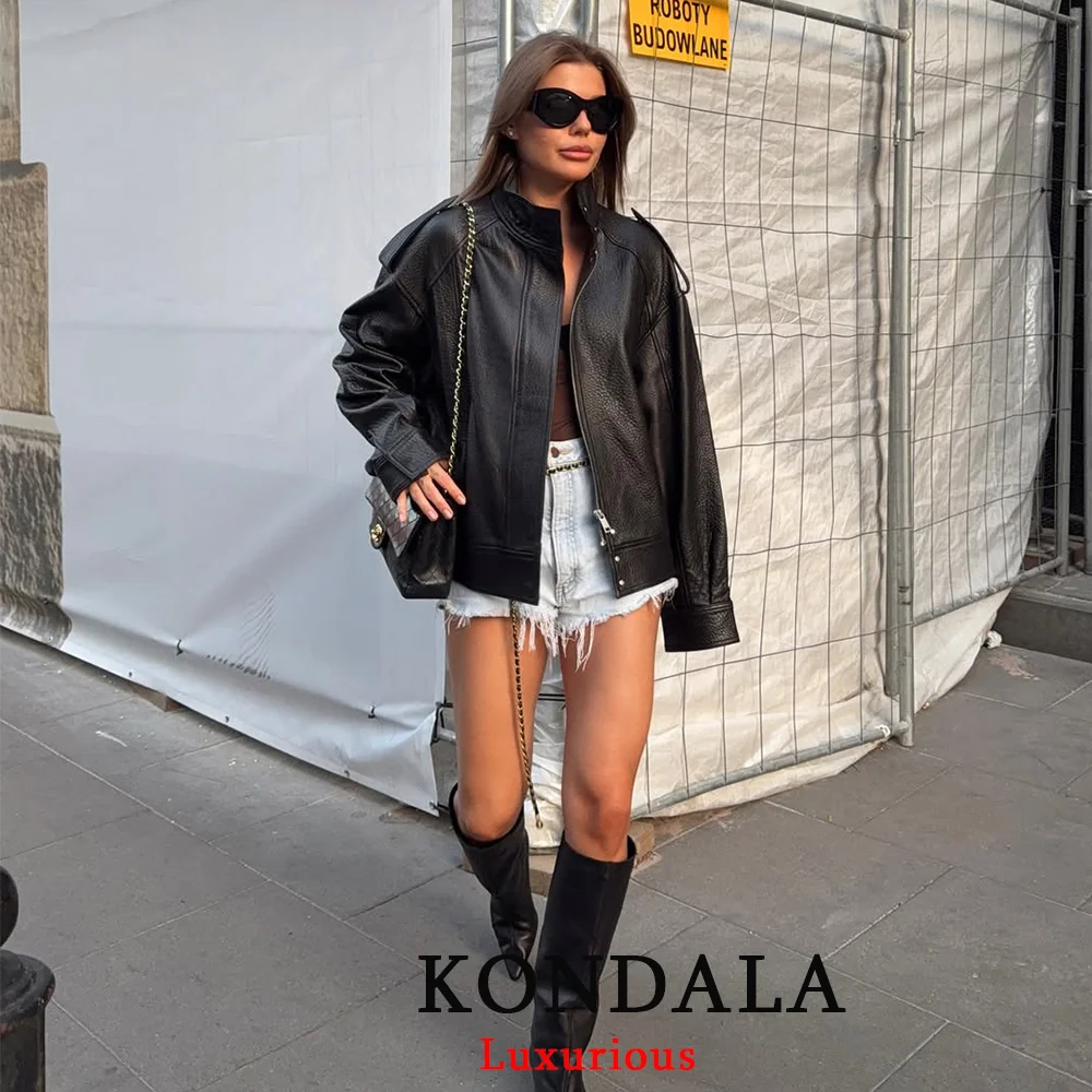 KONDALA Casual Chic Schwarz Leder Jacken Frauen Langarm Tasten Elastische Übergroße Mäntel Mode 2026 Frühling Streetwear Mäntel – Detail 11
