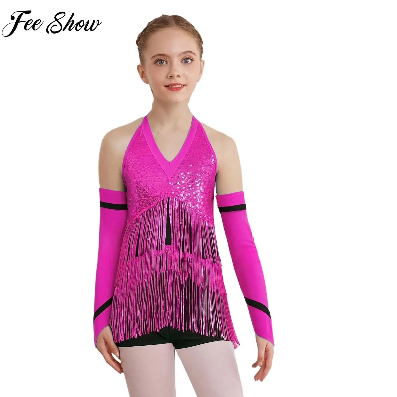 

Kids Girls Sequins Latin Jazz Dance Outfit Halter Sleeveless Leotard Gloves Suit for Gymnastics Figure Skating Stage Performance