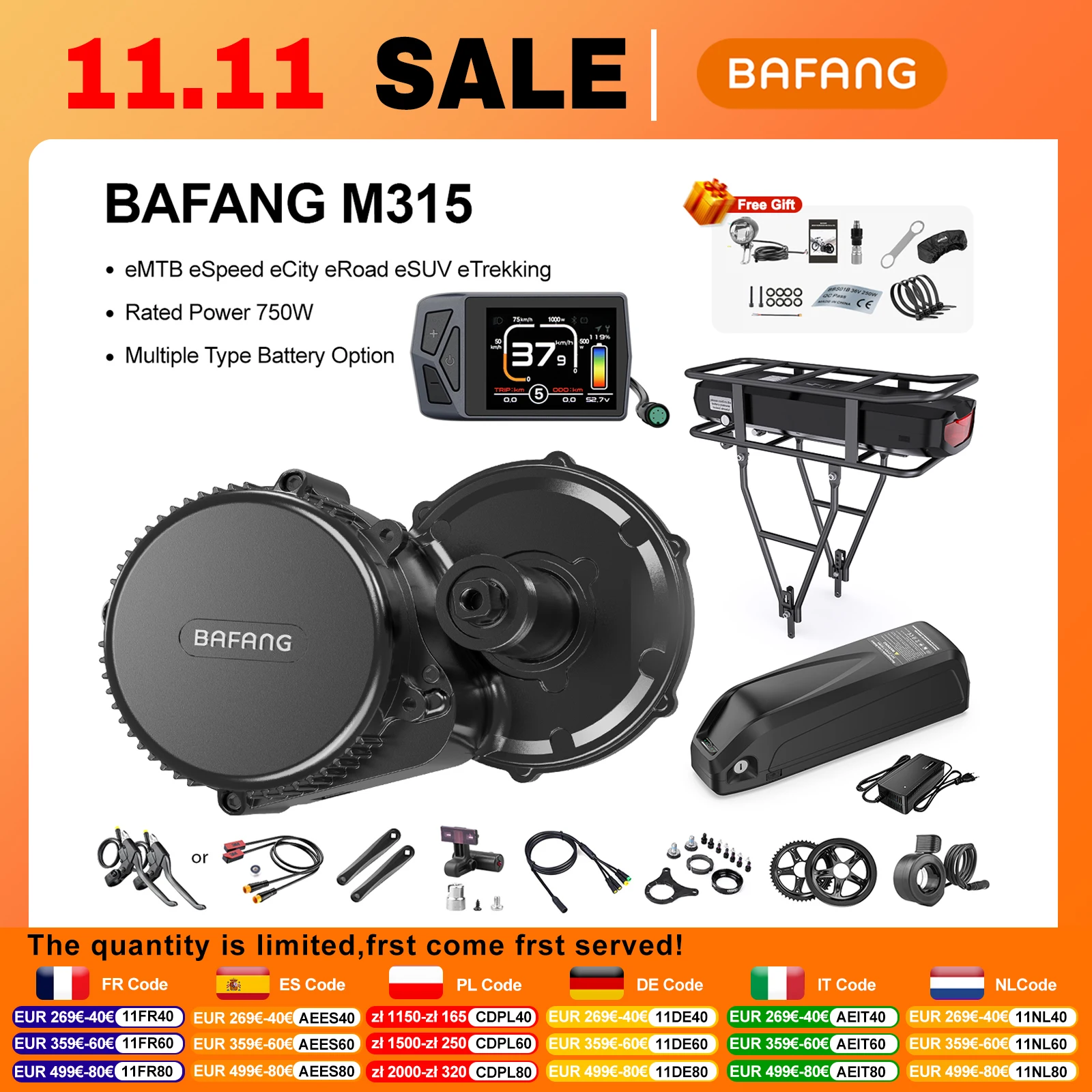 Bafang 750W Mid Drive Motor Electric Bicycle Conversion Kit M315 BBS02B BBS02 Ebike Engine 48V 52V 20Ah 17.5Ah Hailong Battery