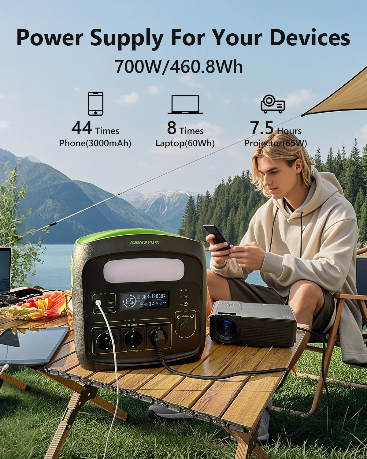 N7576 Tragbare Powerstation 700W 460,8Wh Solargenerator LiFePO4-Batterie, für Notstromversorgung zu Hause, Outdoor-Camping, mobile Stromversorgung – Detail 1
