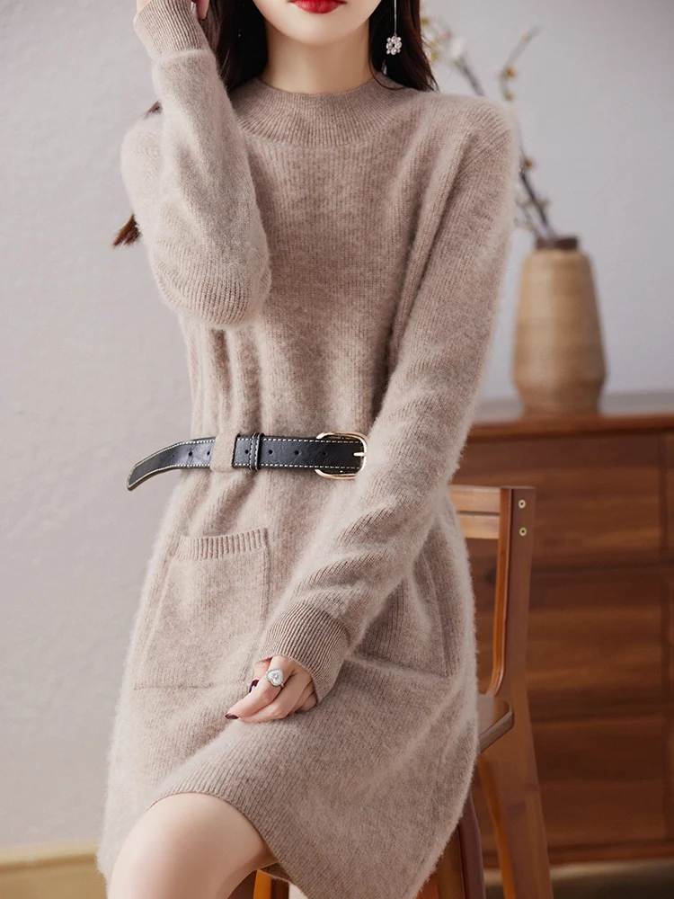 100% Pure Wool Cashmere Dress Women\'s Half High Collar Pullover Fashion Knitted Long Top 2023 Autumn/Winter Warm Skirt Korean