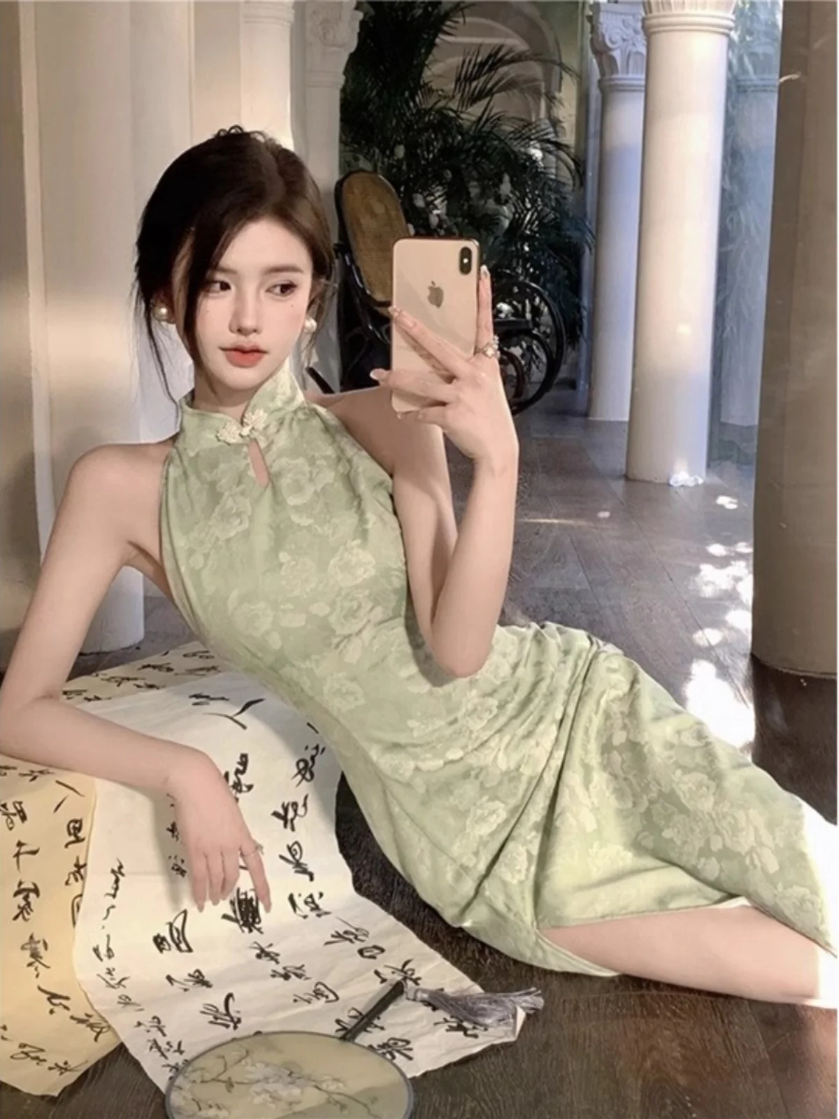 

New Chinese Style Improved Halter Dress Women Summer Slimming Green Slit Long Skirt High Waist Hollow out Bodycon D...