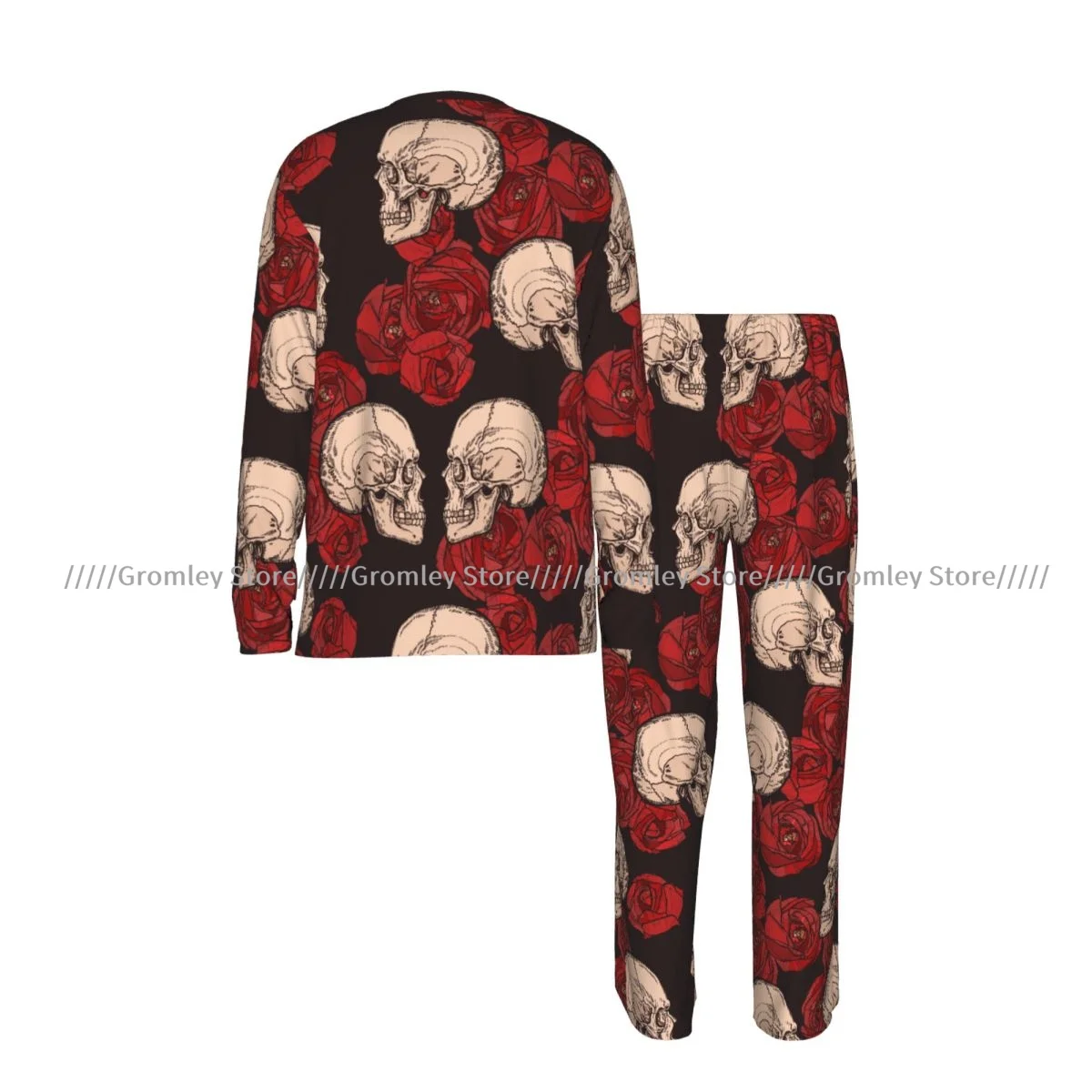 Men's Pajama Set Long Sleeve and Long Pants Gothic Pattern With Skulls And Red Roses Soft Sleepwear for Home
