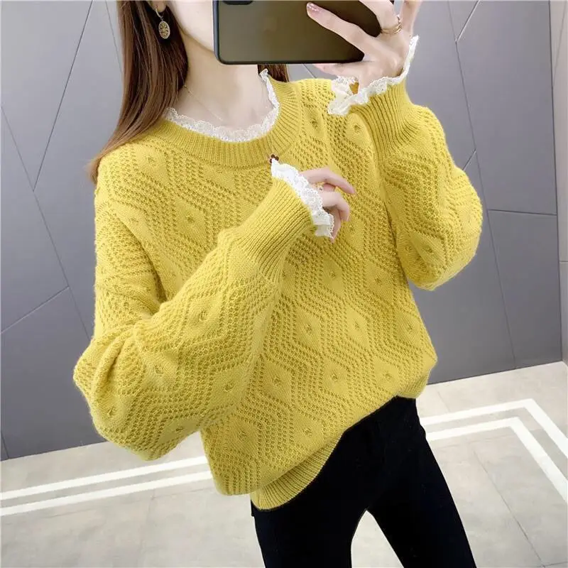 Sweet Fashion Spring/Summer Thin Women\'s Solid O-Neck Hollow Out Lace Patchwork Korean Casual Long Sleeve Pullovers Knitted Tops