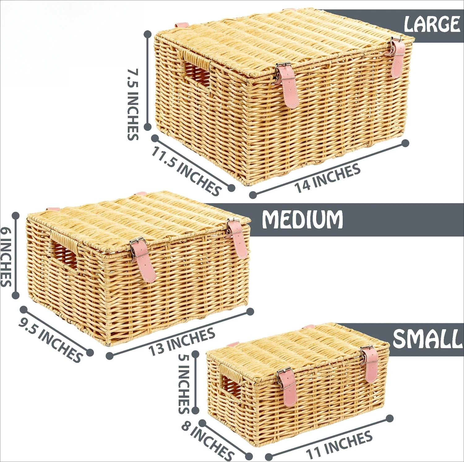 مجموعة من 3 قطع - سلال تخزين منسوجة مستطيلة كبيرة ومتوسطة وصغيرة لتنظيم الملابس، قابلة للتكديس
