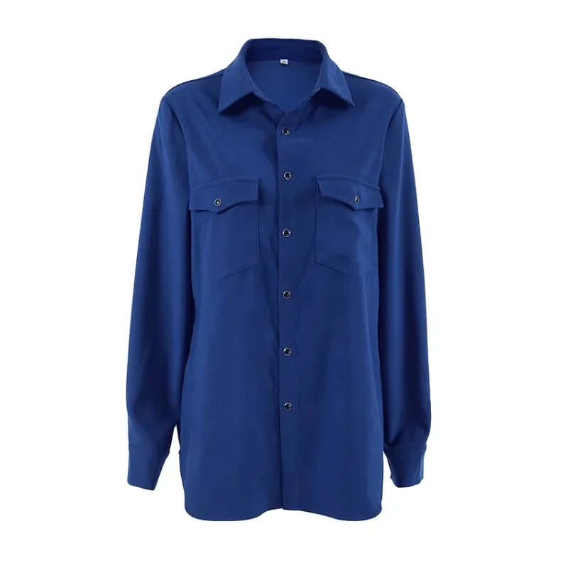 

2025 винтажные синие блузки с лацканами, женская рубашка для поездок на работу, повседневная свободная рубашка с карманами, кардиган с длинными рукавами, топ OL, женская одежда, рубашки