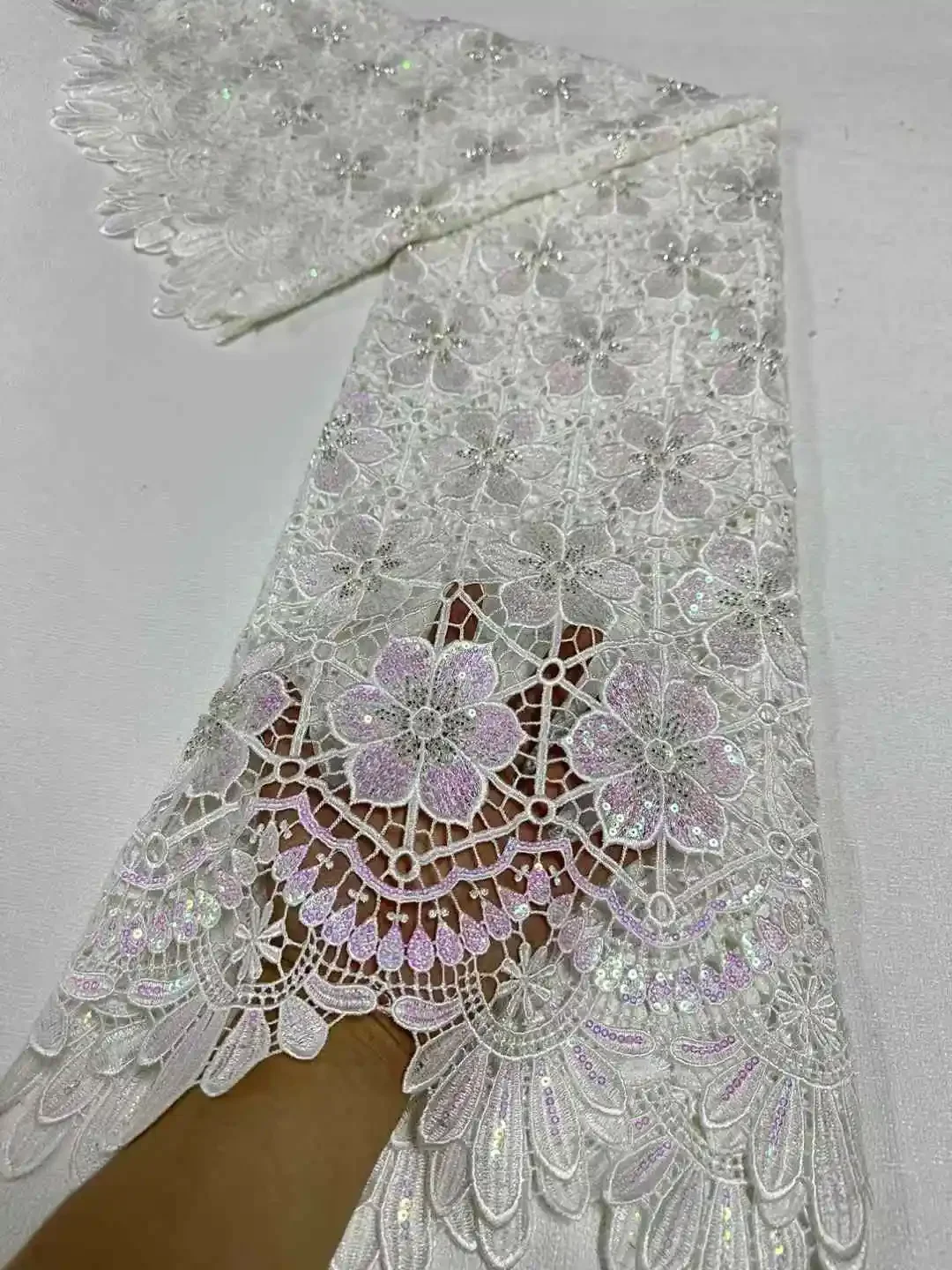 

White African Guipure Cord Lace Fabric with sequins Laser cutting hollowed out Soft lace fabric JNS24120301-250