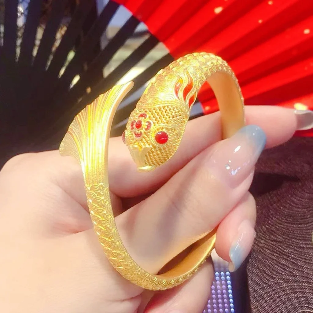 

AU999 24K Gold Women's Fish Leaping Bangle - Polished Koi+Filigree Waves Contrast, Chiseled Clouds-Drops, Commute Date Aura Full