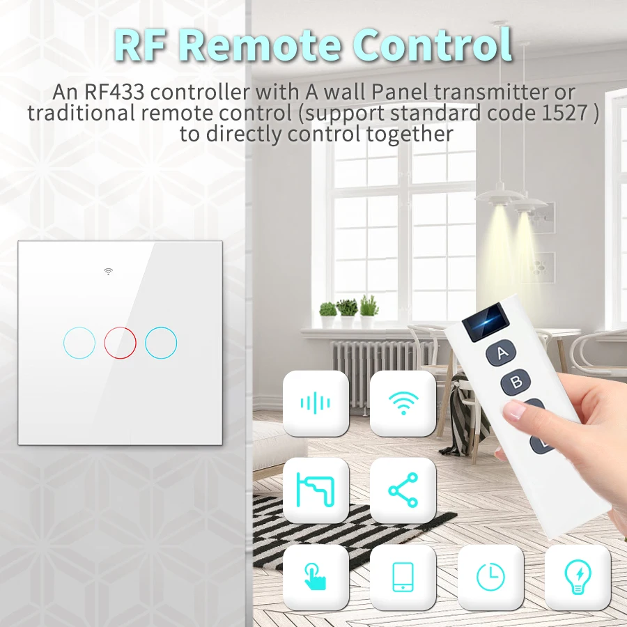 Tuya Smart WiFi Switch Work With Alexa Google Home No Neutral Wire Wireless 433Mhz Remote Touch Sensor Panel Switch 1/2/3Gang EU