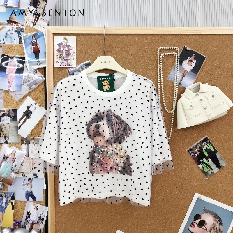 

American Retro Trendy Top Lace Patchwork Heavy Beading Cartoon Print Loose Fit Versatile Short Sleeves T-shirt Women's Y2k Tees