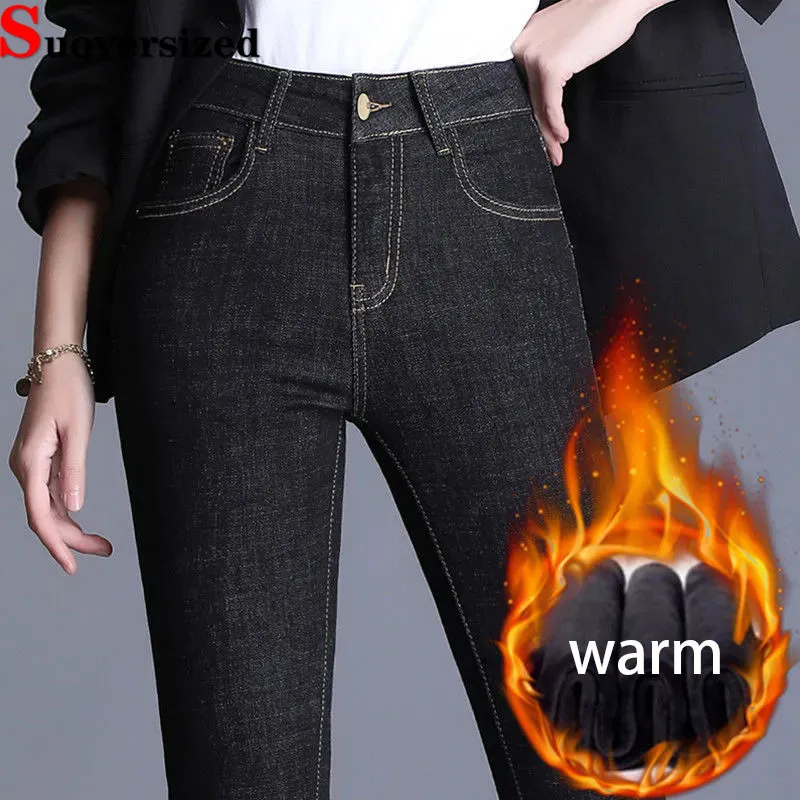 

Women Skinny Velvet Lined Pencil Jeans Winter Warm High Waist Stretch Vintage Denim Pants Casual Streetwear Thicken Vaqueros New