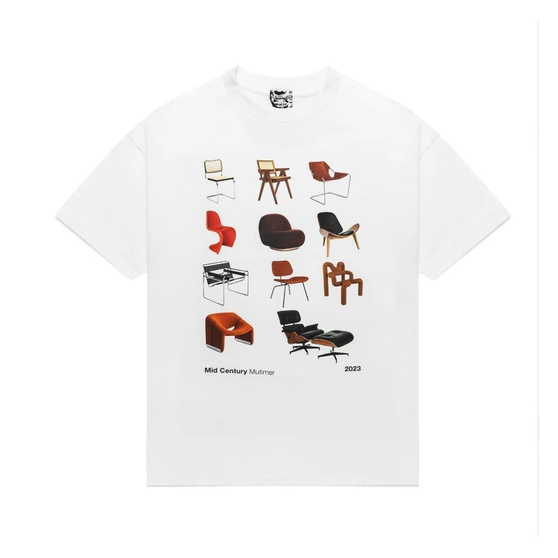 American Vintage Chair Print Cotton Short-sleeved T-shirt Women High Street Casual Loose Retro Oversized T-shir Woman Clothing