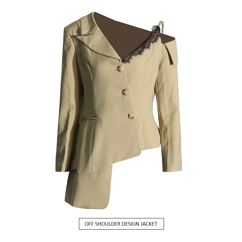 Europese en Amerikaanse lichte en volwassen stijl onregelmatig kanten splitspak 2025, zomer nieuw temperament off-the-shoulder ontwerp bl