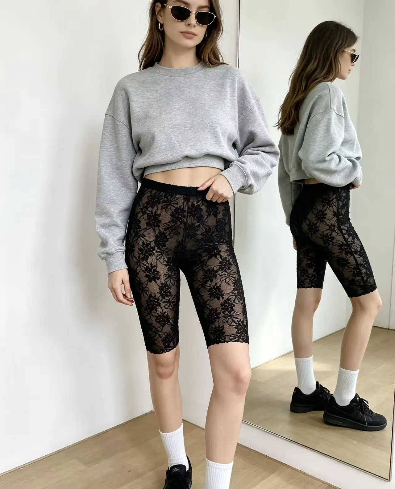 Women Y2K Ditsy Daisy Lace Five‑Point Layering Shorts High Waist Sheer Mesh Anti‑Chafing Stretchy Summer Inner Undershorts