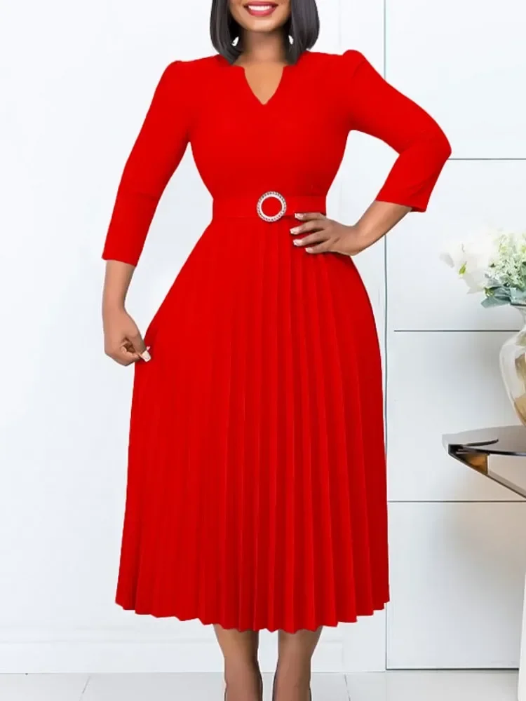 Vestidos africanos para mujer, novedad de Otoño de 2023, vestido plisado elegante a la moda con cuello en V, ropa africana para mujer, vestido Midi de fiesta