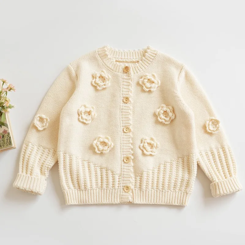 Baby Beige Cotton Knit Cardigan Sweater for Girls Baby Hand-Crocheted 3D Flower Autumn Jacket Kids Knit Top Outfit Clothes