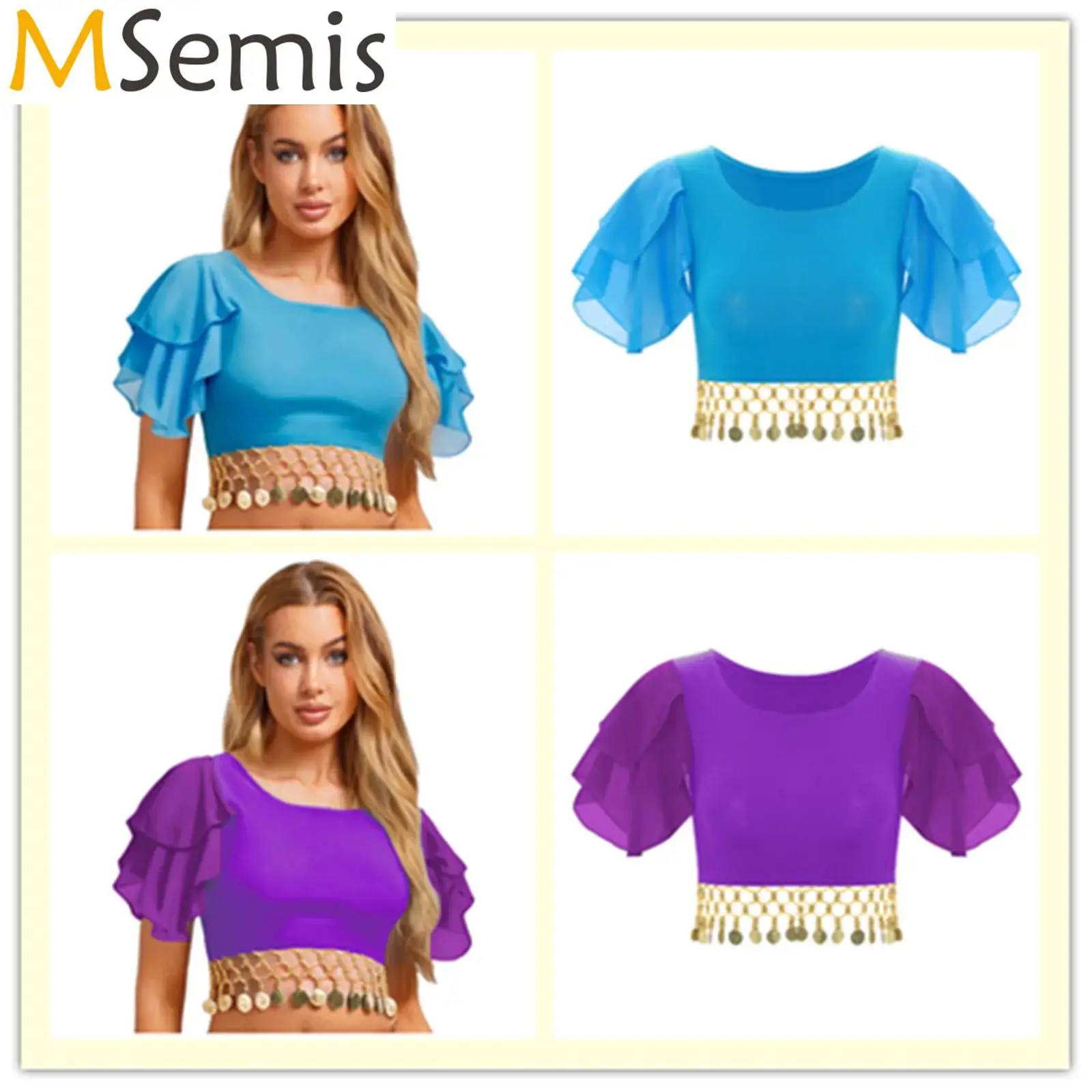 Womens Indian Belly Dance Ethnic Dance Performance Costume Crop Top Tiered Lotus Sleeve Tassel Pullover Blouses Crop T-shirt