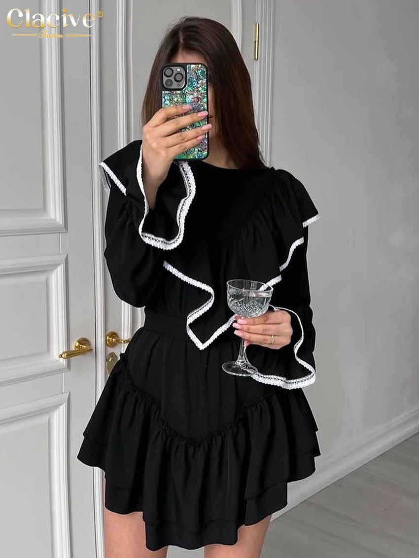 Clacive Fashion Loose Black Office Mini Dress Ladies Elegant Spliced O-Neck Long Sleeve High Waist Ruffle Dresses For Women 2023