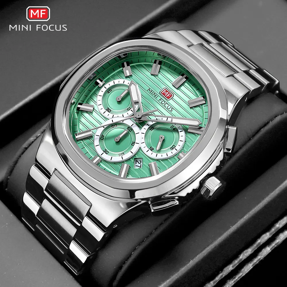 

MINI FOCUS Men's Waterproof Quartz Watch Luminous Steel Band Multifunction Chronograph Business Casual Wristwatch with Date 0610