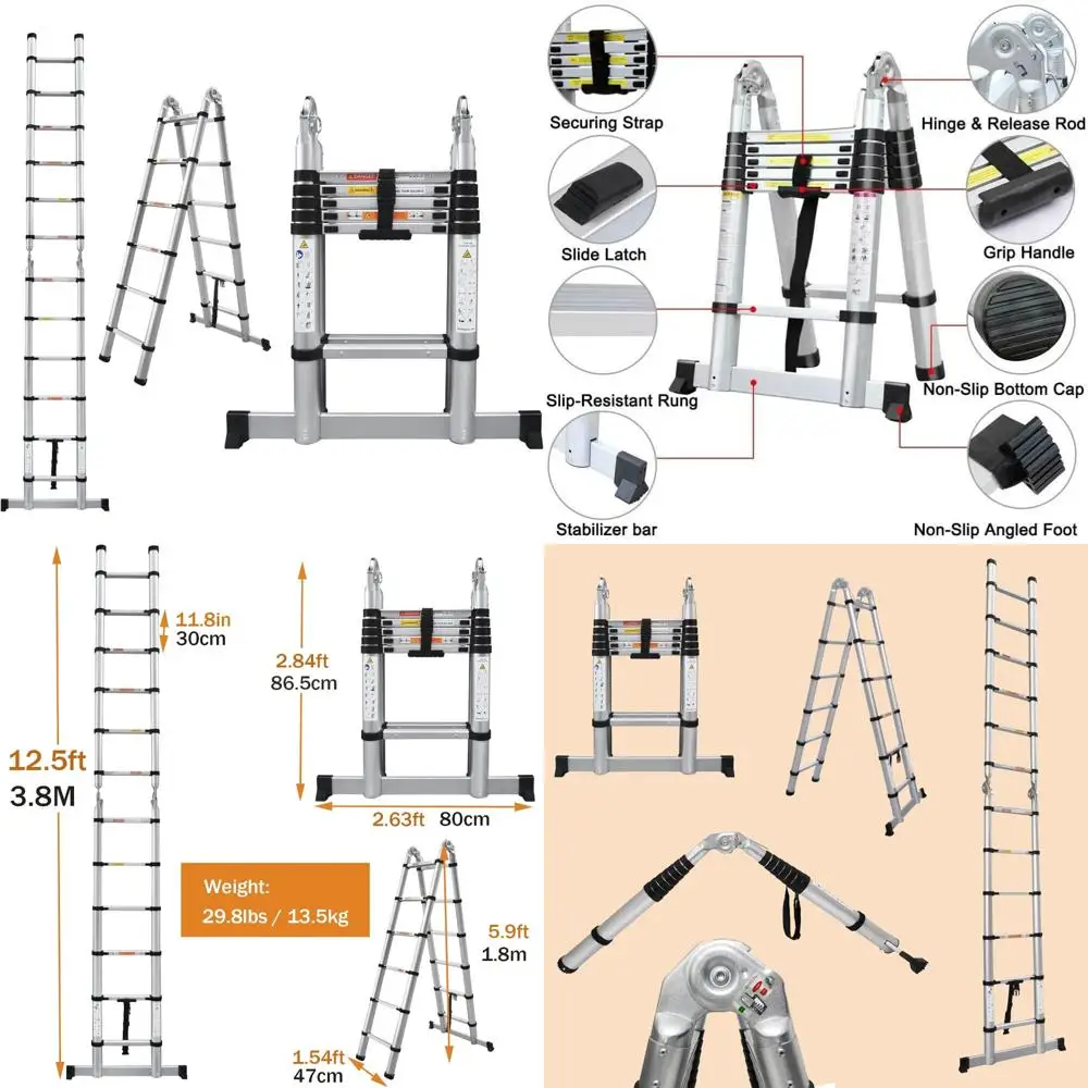 Scala pieghevole in alluminio con telaio ad A 12,5 piedi Scala portatile pieghevole multiuso per carichi pesanti da 6,2 piedi per esterni e interni