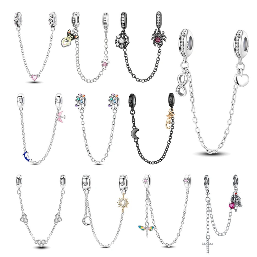 Safe 925 Sterling Silver Infinite Love of Stars Moon Whales and Swallows Safety Chain Fit DIY Bracelet Necklace Protective Gifts