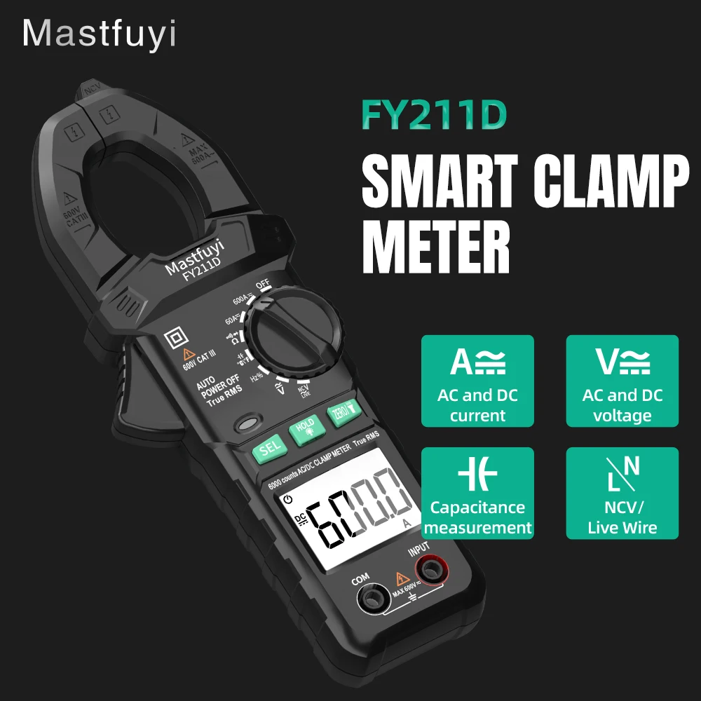 

MASTFUYI Digital Clamp Meter True RMS 6000 Counts AC DC 600V NCV Voltmeter Hz Resistance Capacitance Duty Cycle Continuity