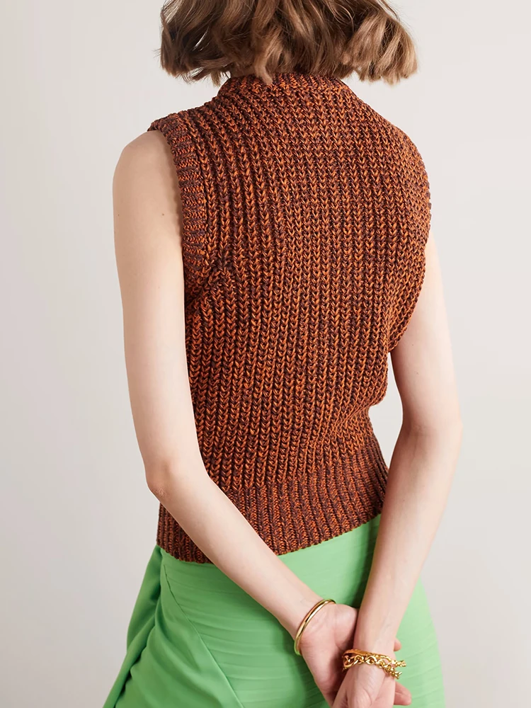 VGH Patchwork Chain Hole Hollow Out Knitting Sweater Vest For Women Round Neck Sleeveless Solid Minimalist Loose Pullover Female