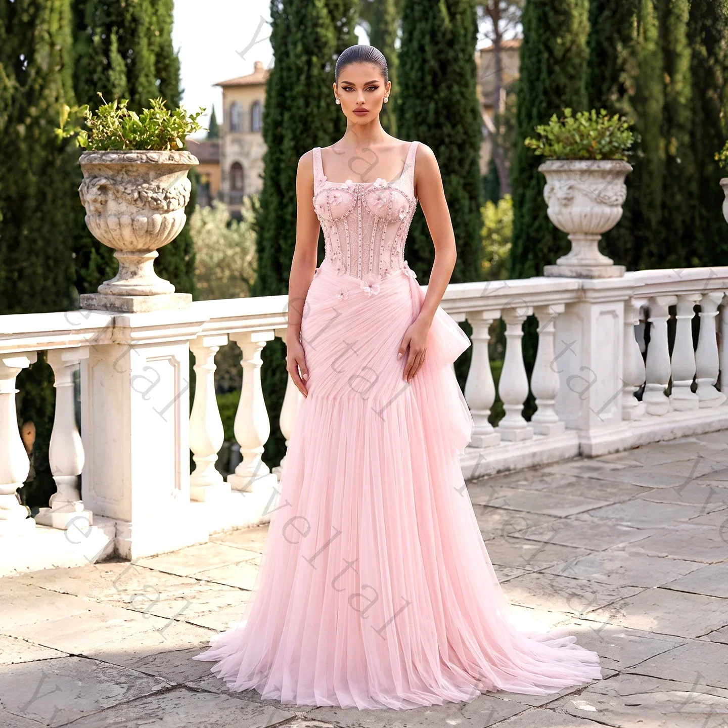 Customized Women's Pink Square Neck Tulle Mermaid Evening Gown 3D Floral Beaded Corset Ruched Skirt Formal Wedding Party Dress