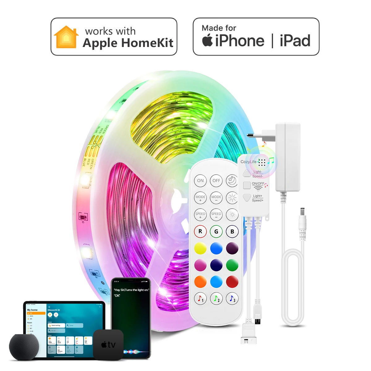 

For Apple Alexa Google Home Homekit Smart Life LED Strip Light 30LEDs/M Remote Siri Voice Dimmable Control Wifi RGB Smart Lamp