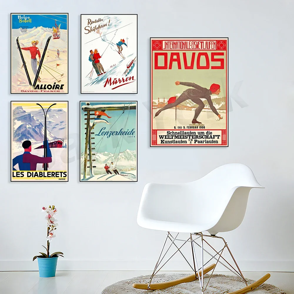 Davos, Switzerland -Lenzerheide, Switzerland -Chamonix, Mont Blanc, France - Pontresina, Switzerland - Vintage Ski Poster
