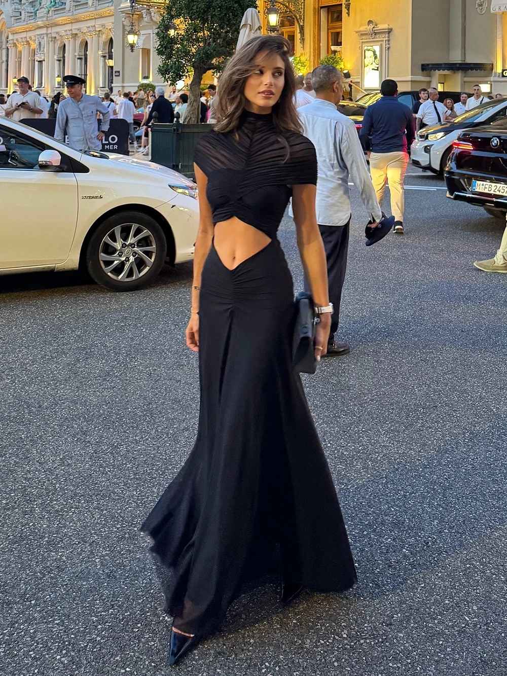 Nowa seksowna sukienka maxi damska z odkrytymi ramionami, bufiastą spódnicą i materiałem z siateczki, długa suknia wieczorowa.