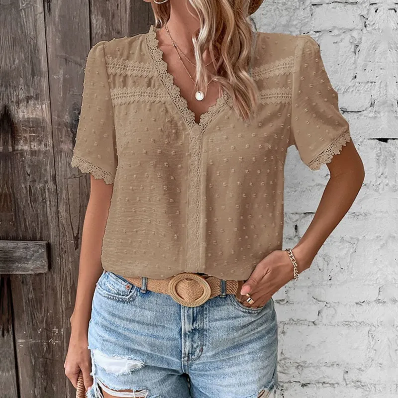 V-neck Lace Polka Dot Solid Color Loose Top Women's Summer 2025 New Short Sleeved Bohemian Sweet Casual Chic Women's Shirt