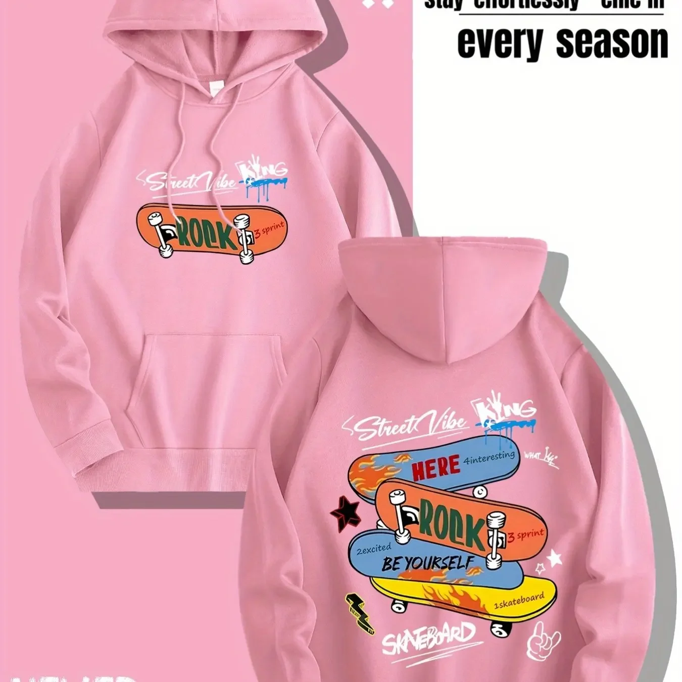 Men's Skateboard Graffiti Hoodie, Street Style Sweatshirt with Oversized Stacked Skateboard Flame Letter Print on the Back.