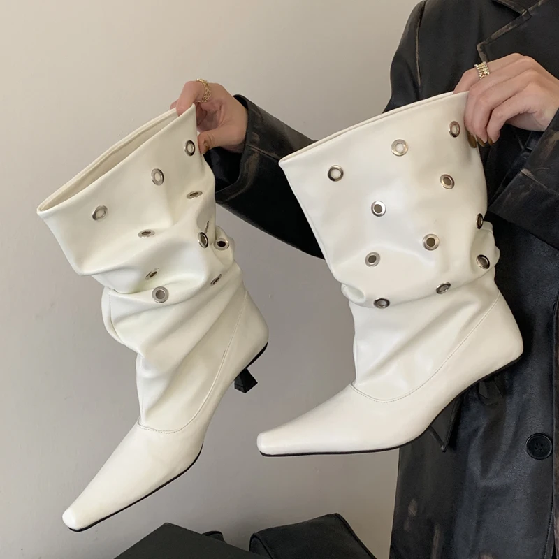 Aneikeh White Faux Leather Pointed Toe Designer Hollow Out Metal Eyelet Women Ankle Boots Fashion Low Heels Party Dress Shoes