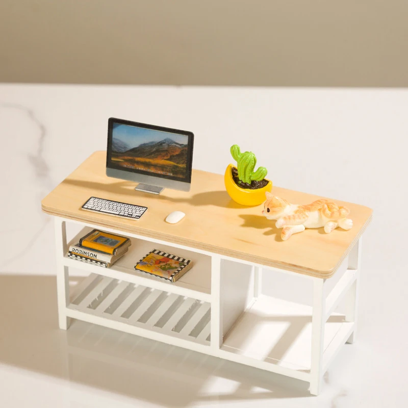 Mesa de centro de muebles en miniatura para casa de muñecas, escritorio de computadora, sala de estar, cocina, modelo de mesa de ocio, 1:12