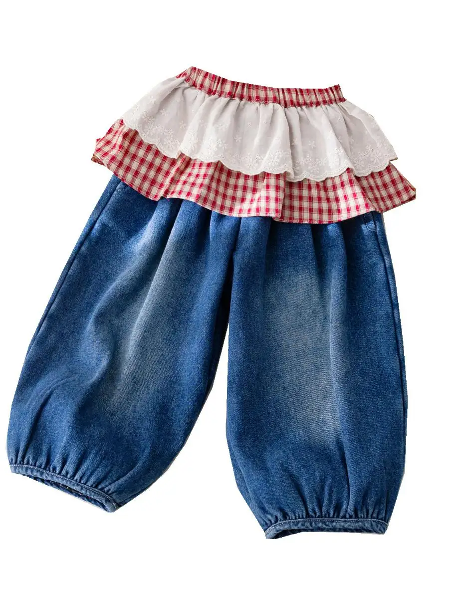 Mädchen Gefütterte Jeanshose Winter Neue Karierte Hose mit Spitzenbesatz Lässige Hose Baby Winter Urlaub Zweiteiliges Set Lange Hose