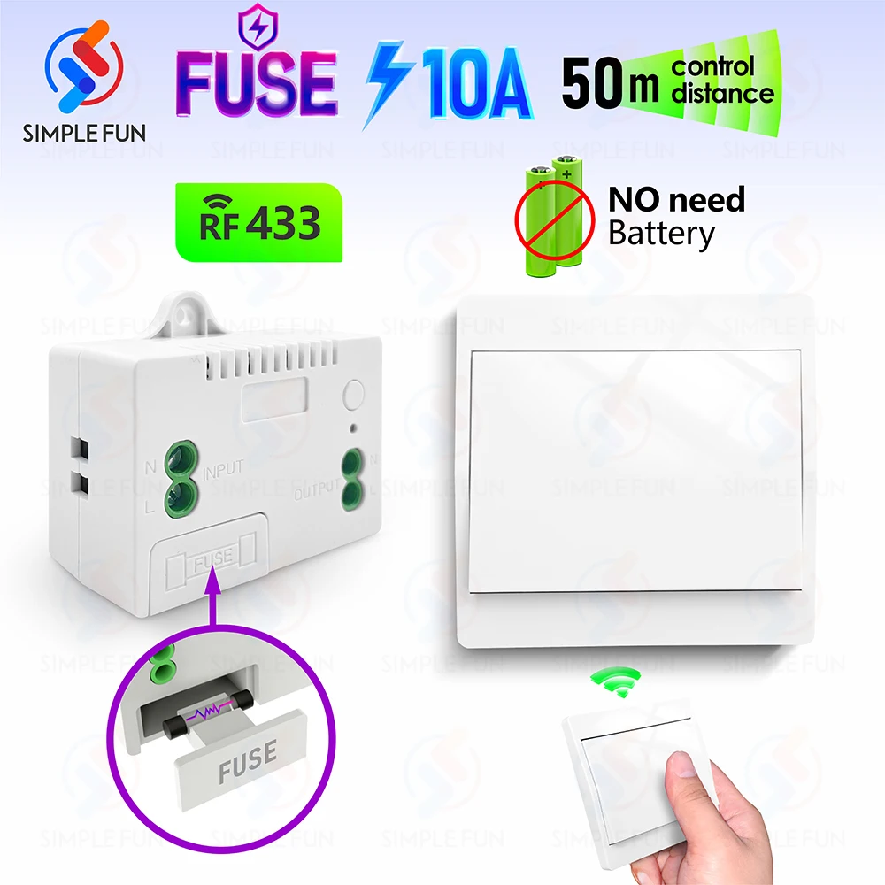 433MHz Kinetic Wireless Light Switch Self Powered Wireless Wall Switch No Need Battery 110V 220V Relay Module with Fuse for Lamp