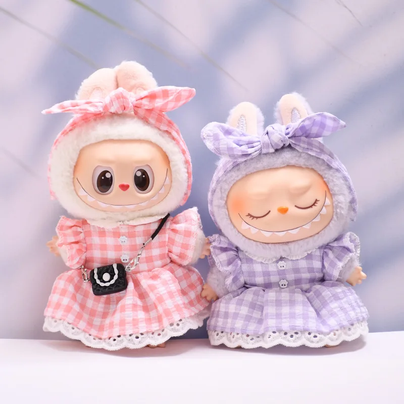 

Для V1 V2 V3 Labubu подвесные украшения, кукольная одежда, рождественские наряды, клетчатый комплект платьев, наряд для куклы, аксессуары для кукол